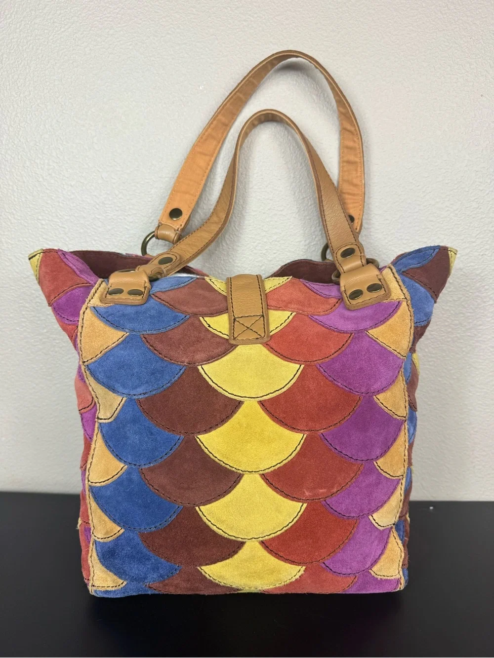 Lucky Brand patchwork colorful leather bag Y2K Boho quilted suede 70s style EUC